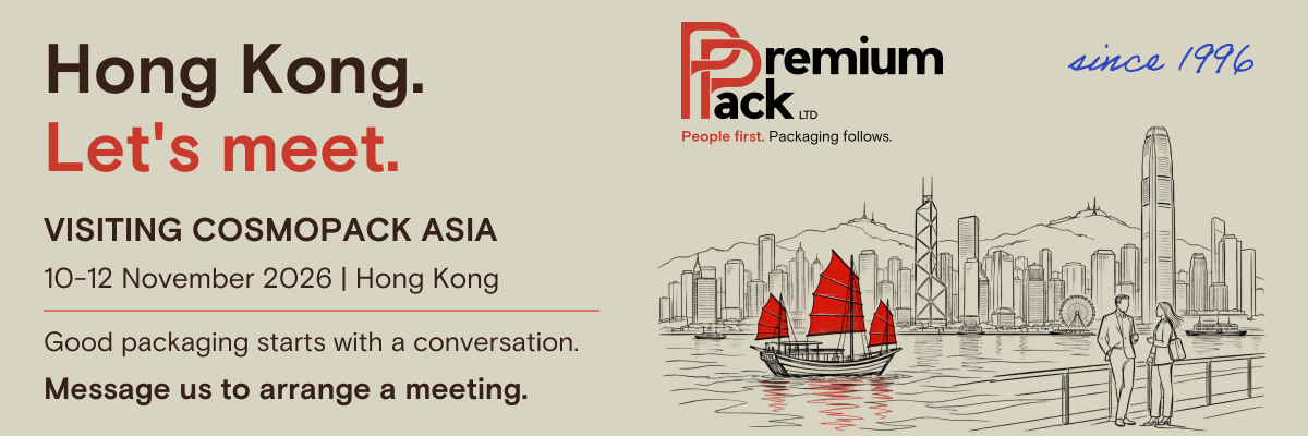 Premiumpack LTD visiting Cosmopack Asia, Hong Kong. Harbour illustration with red-sailed boat. 10-12 November 2026, AsiaWorld-Expo.