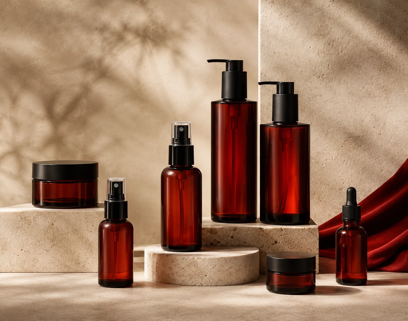 Amber pumps, sprayers, droppers and jars arranged on natural stone