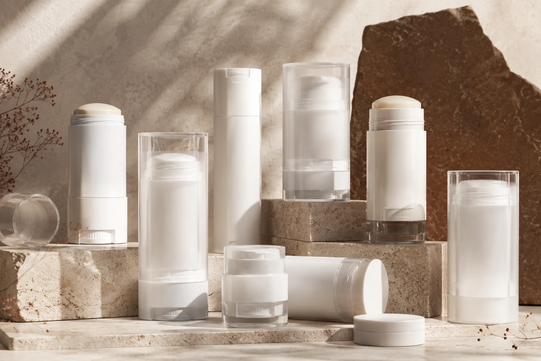 Refill-ready and simplified cosmetic packaging formats on natural stone