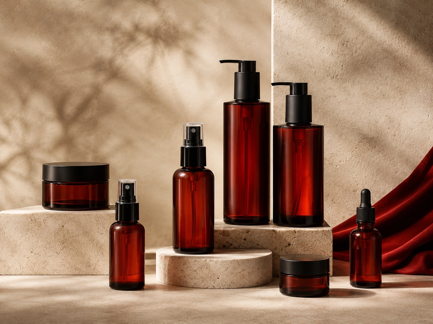 Amber red bottles with premium pumps and sprayers