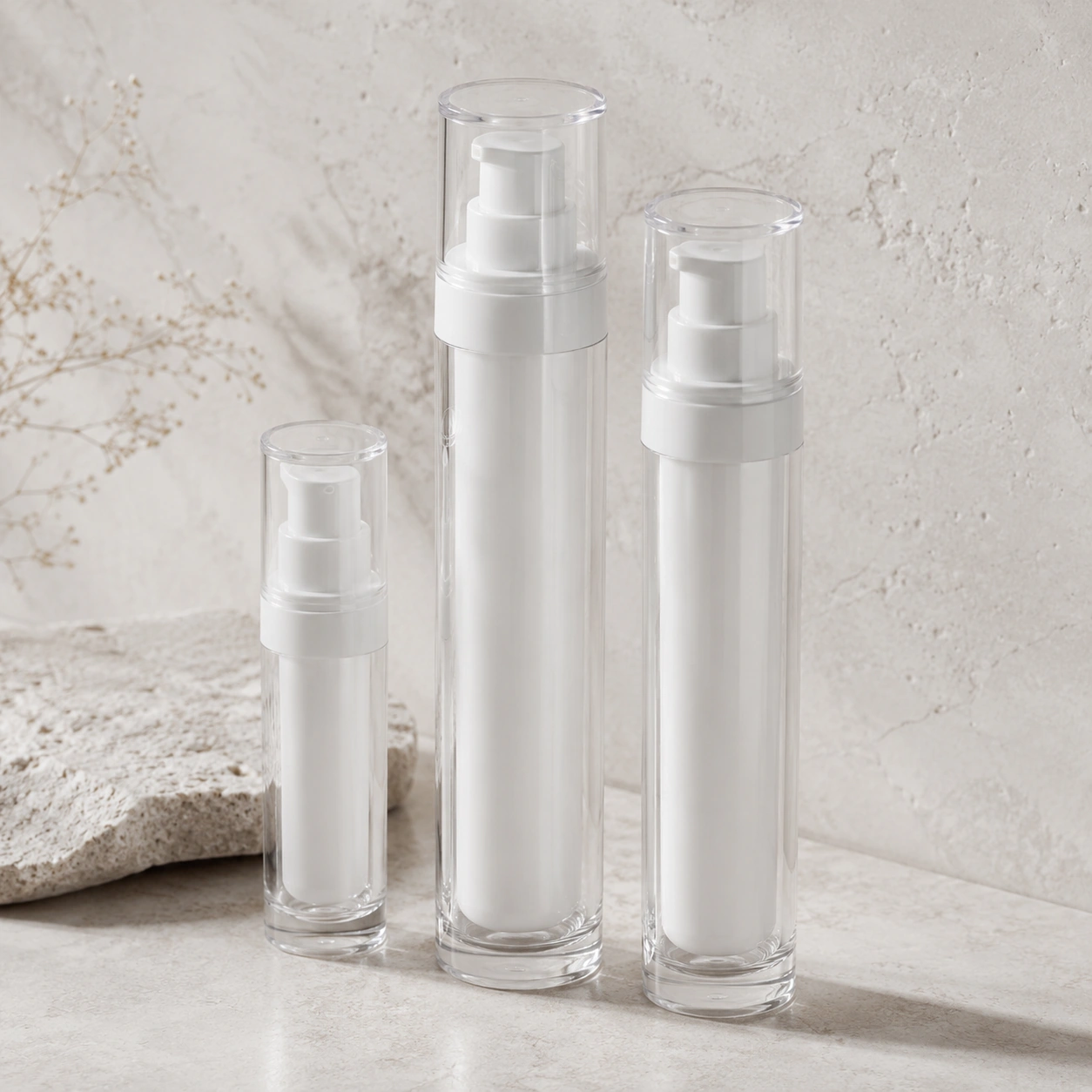 Clear airless cosmetic bottles in a minimal studio composition