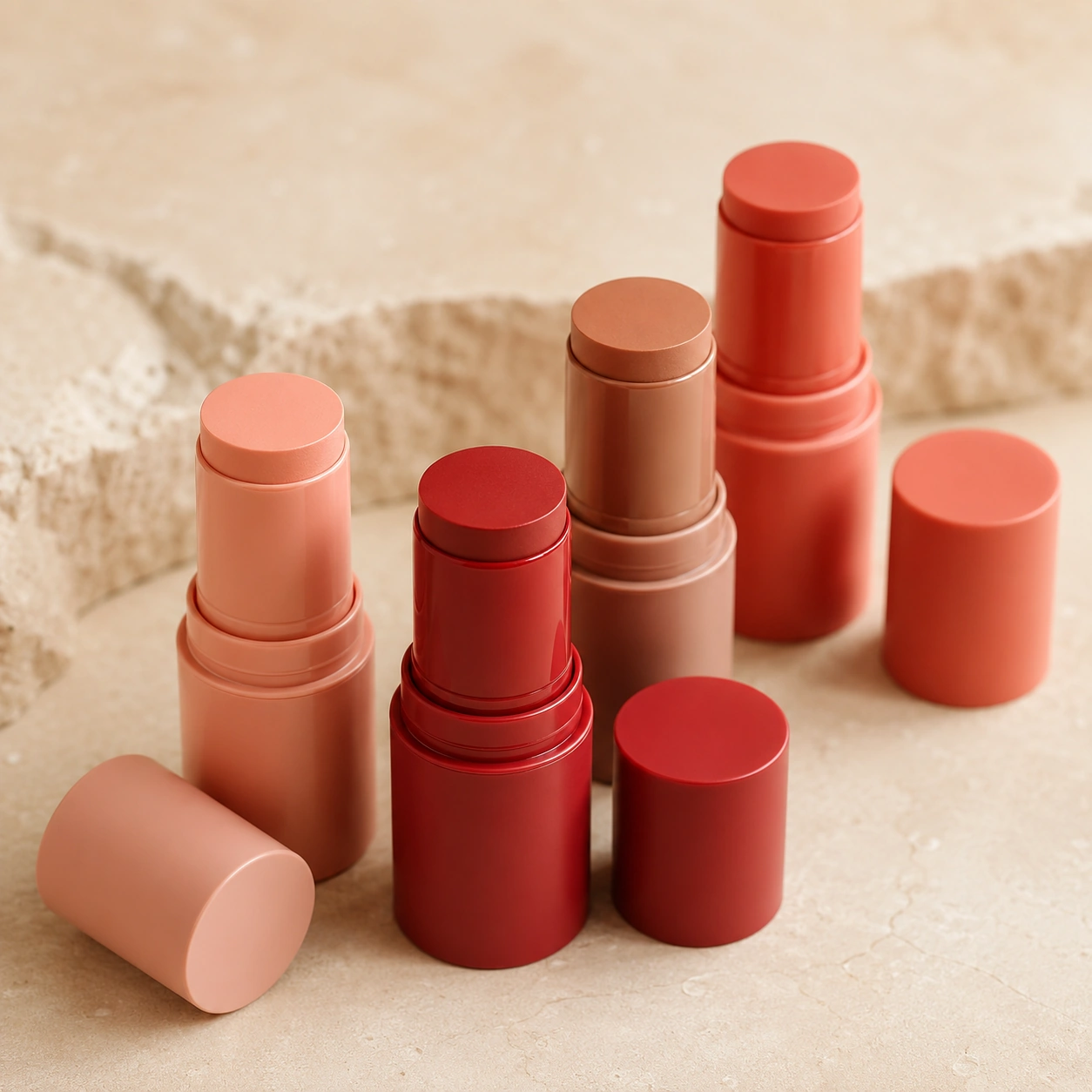 Colour cosmetic stick packaging in coral and nude tones