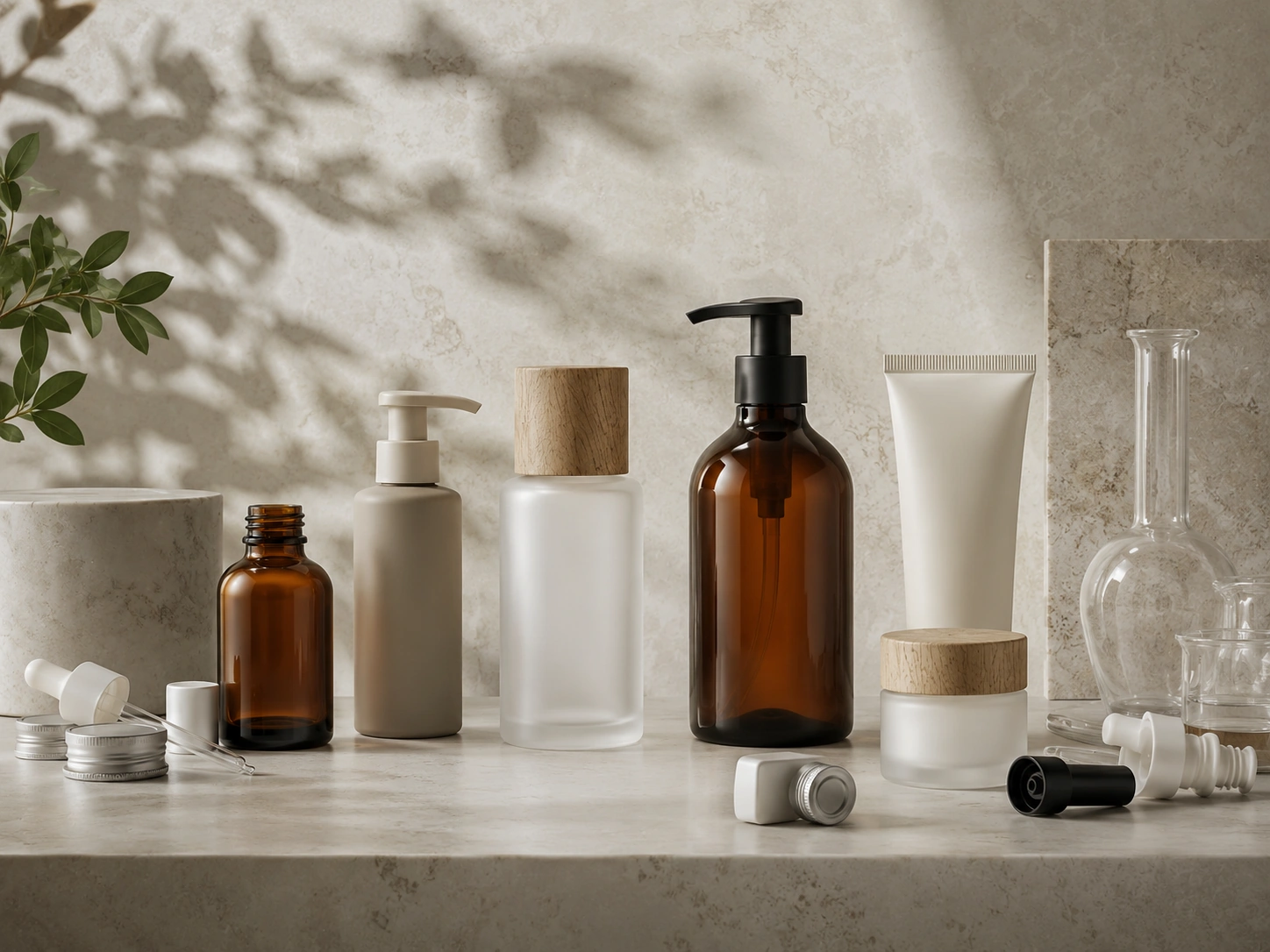 Premium cosmetic packaging in a refined warm-stone composition